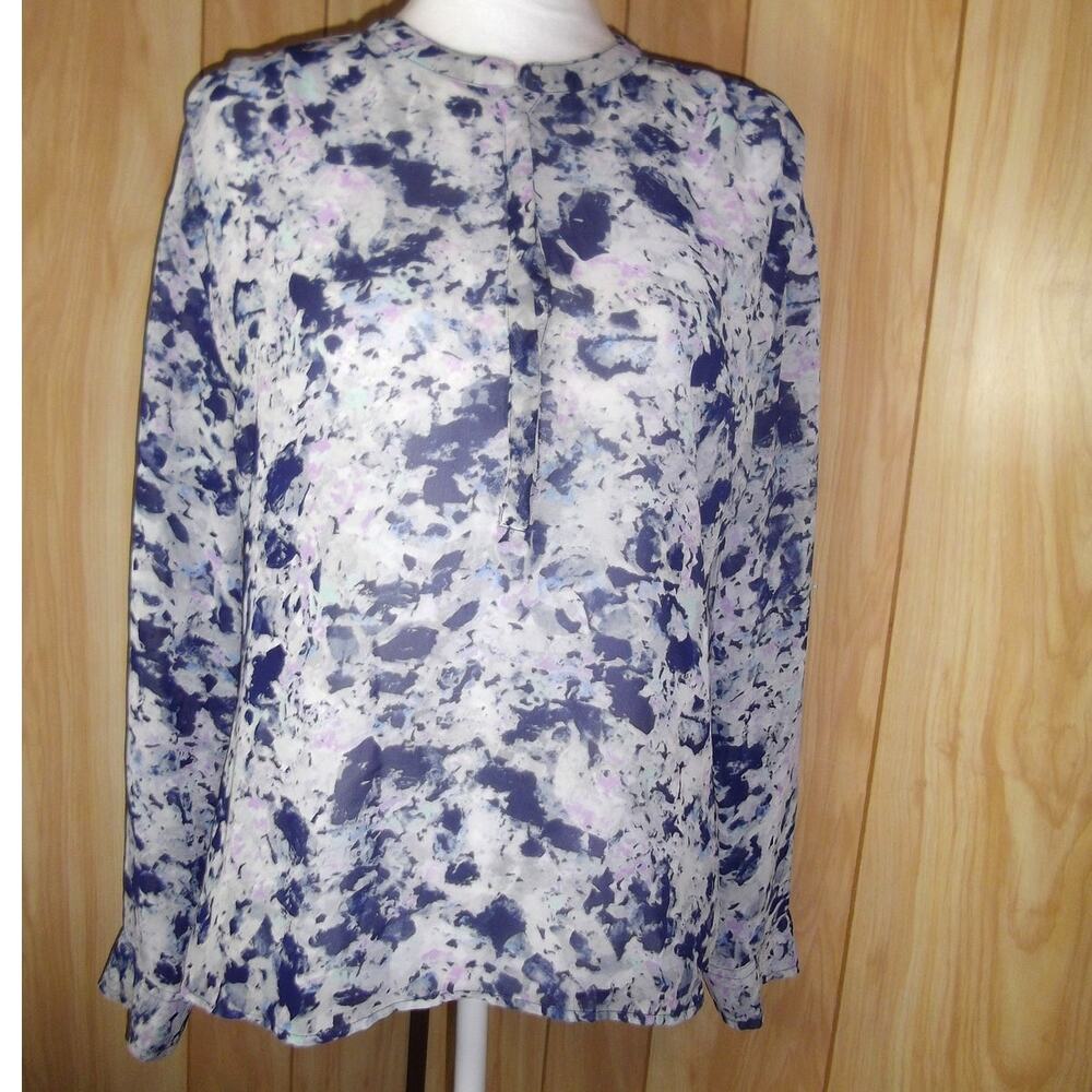 a.n.a A New Approach Boho Blue White Abstract Marble Sheer Blouse PL